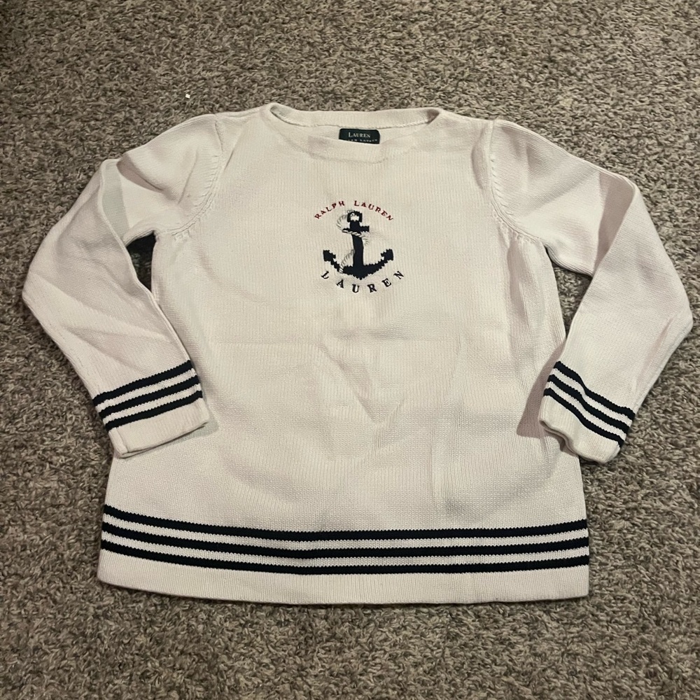 Ralph Lauren Light Pink Crewneck Sweater with Navy Anchor Trim